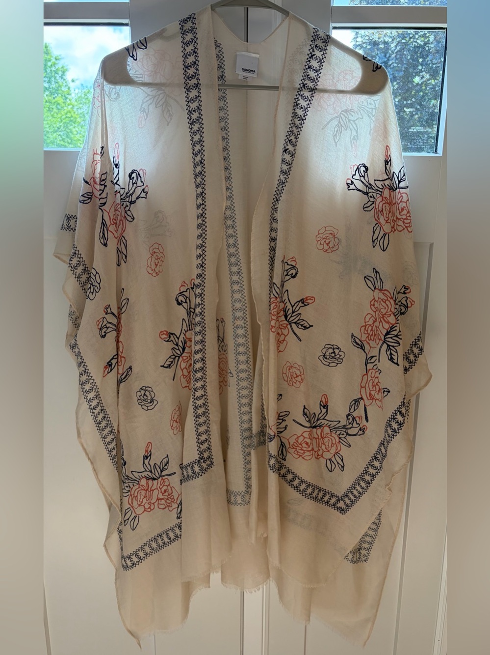 Cream Kimono Wrap Navy Blue Rose print Sonoma bohemian festival OS